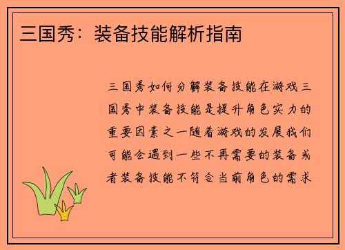 三国秀：装备技能解析指南